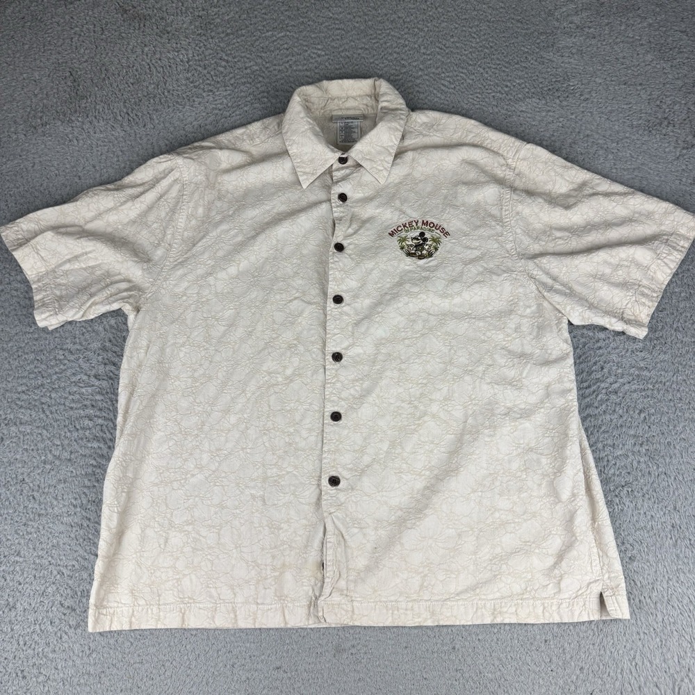Disney Parks Shirt Mens Large Beige Mickey Mouse Hawaiian Embroidered Button Up
